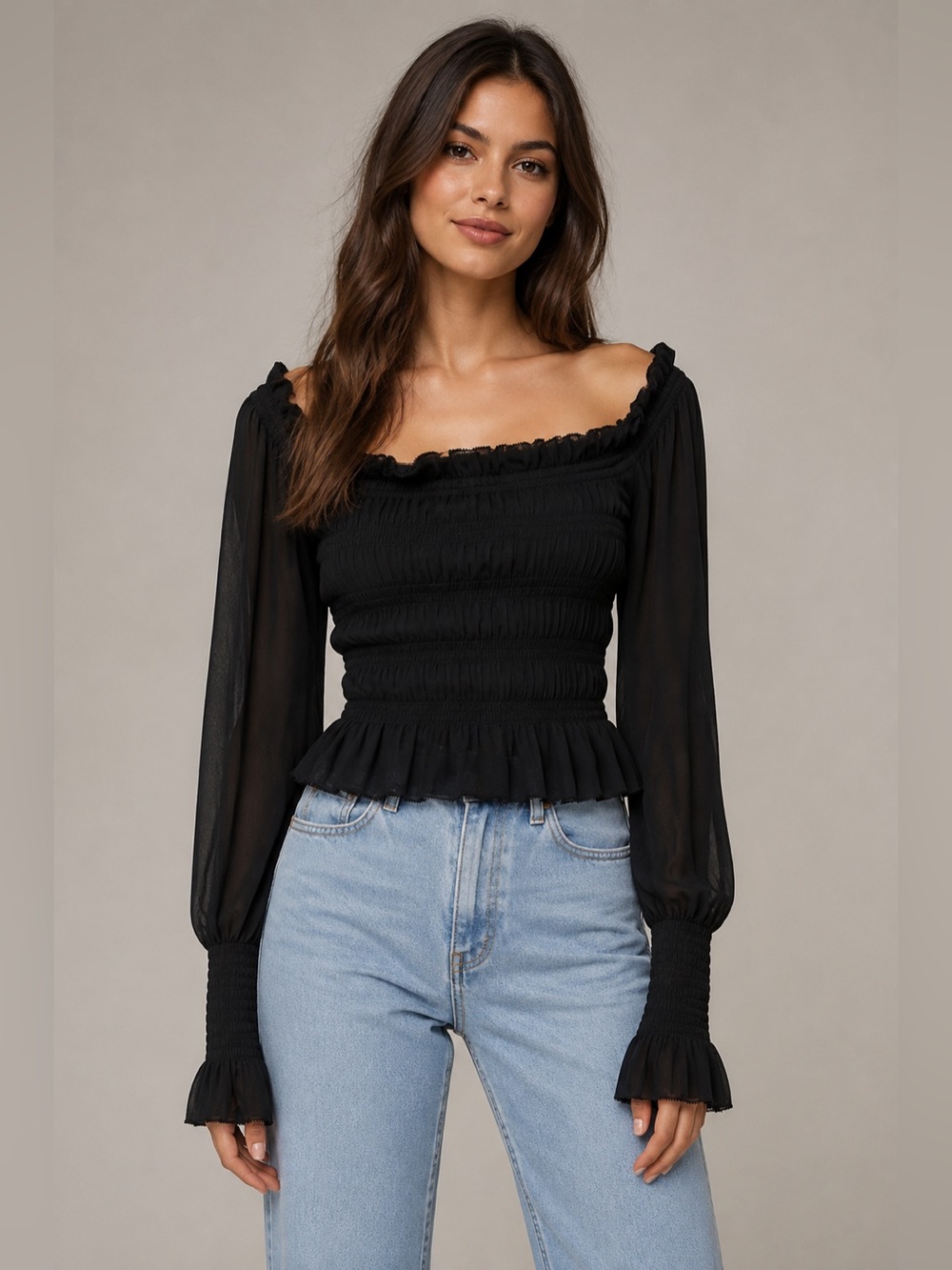 AllSaints Black Shirred Off Shoulder Peplum Blouse Top Size S